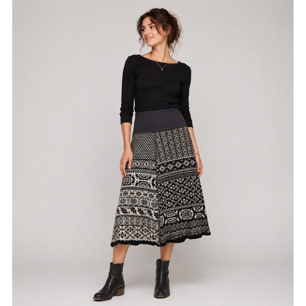 Green 3 Boho Skirt Womens M Brown Recycled Cotton Acrylic Knit Elastic Waistband